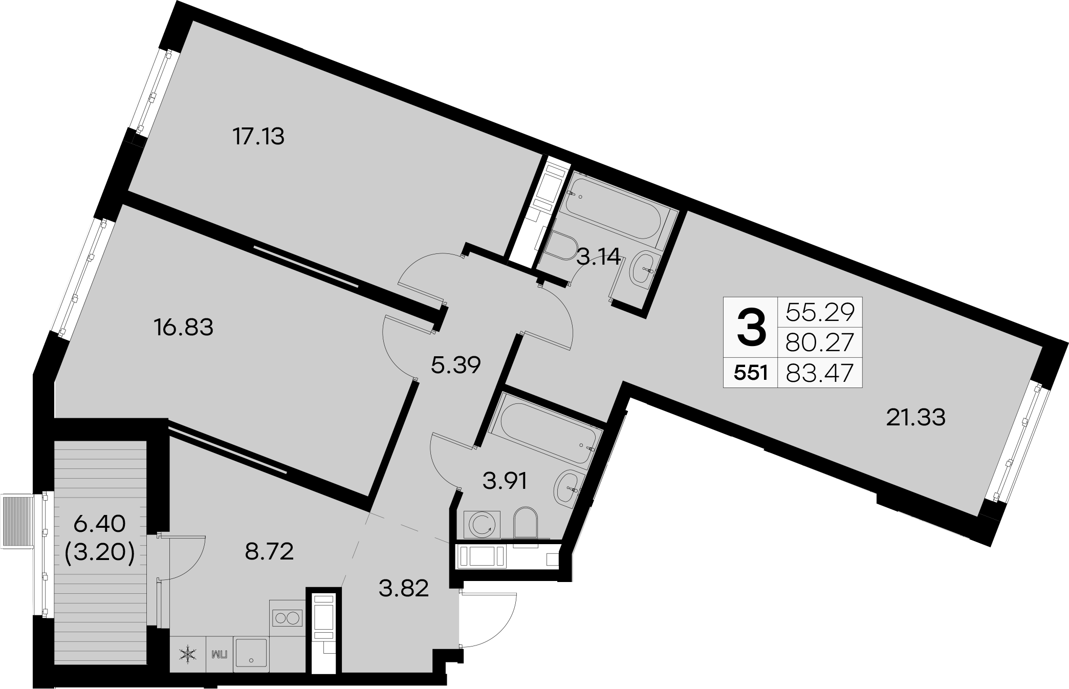 3-комнатная квартира 83.47 м², 7/8 эт., ЖК «Glorax City Балтийская»